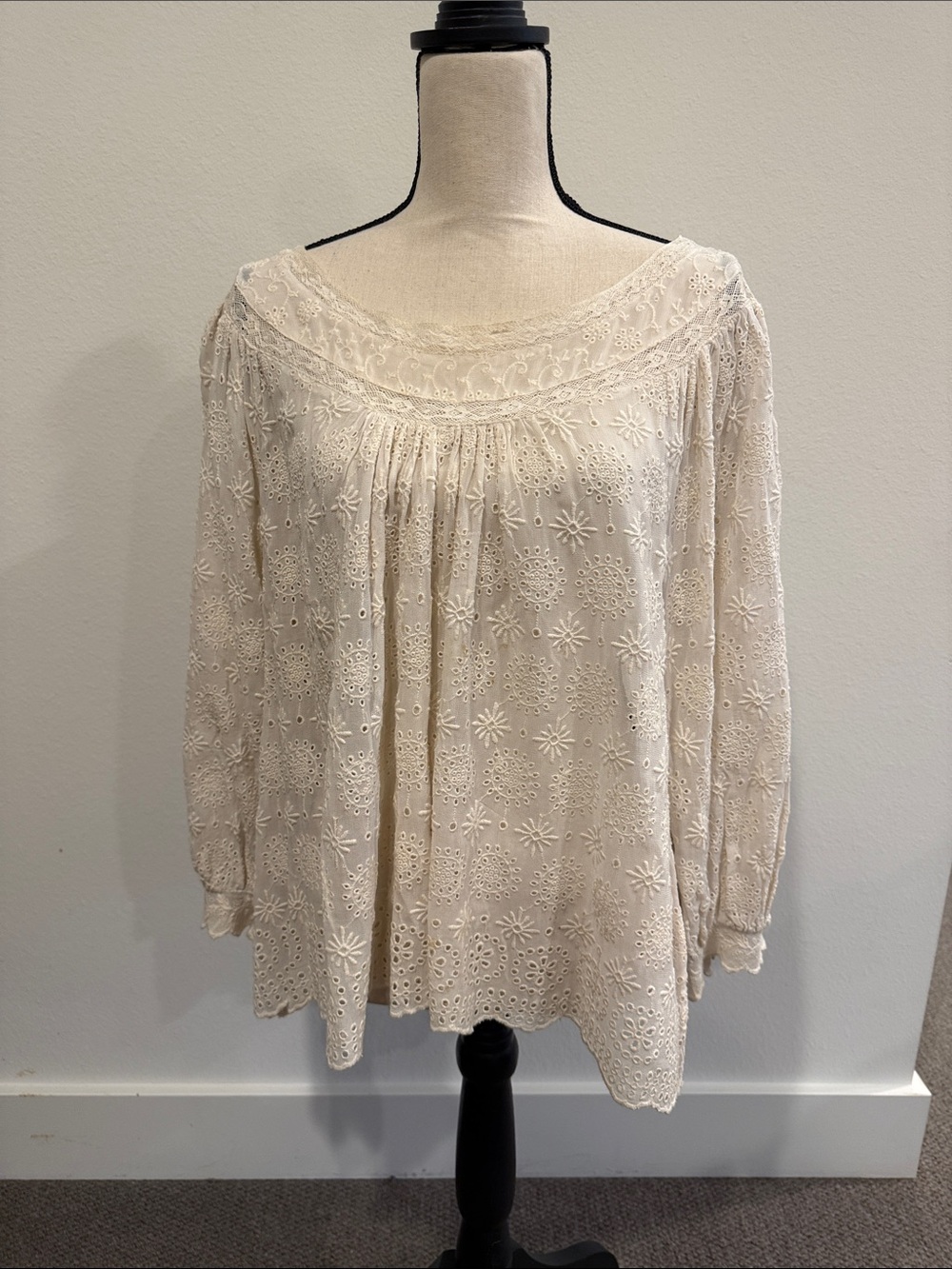 LoveShackFancy Cream Eyelet Peasant Top